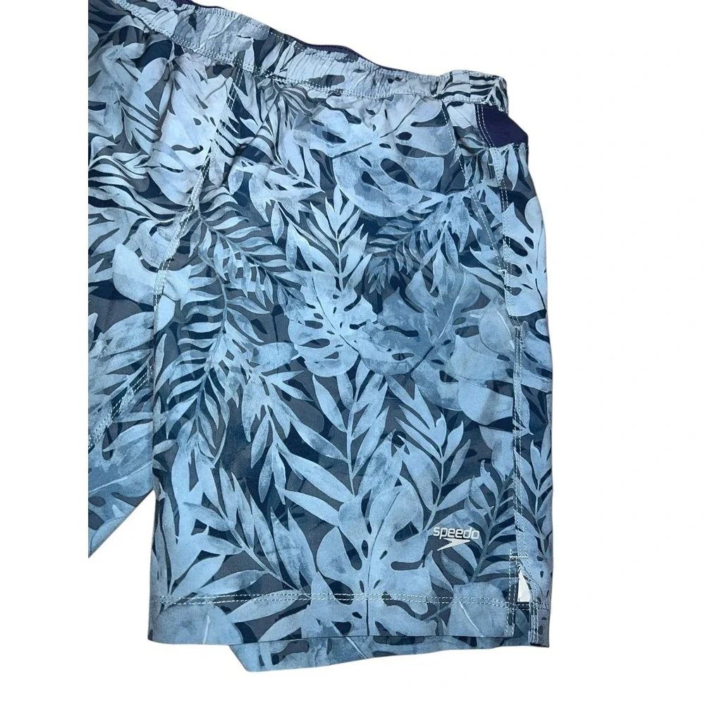 Speedo Swim Trunks Blue Floral Print Sz‎ Medium Drawstring Waist Pockets Lined
